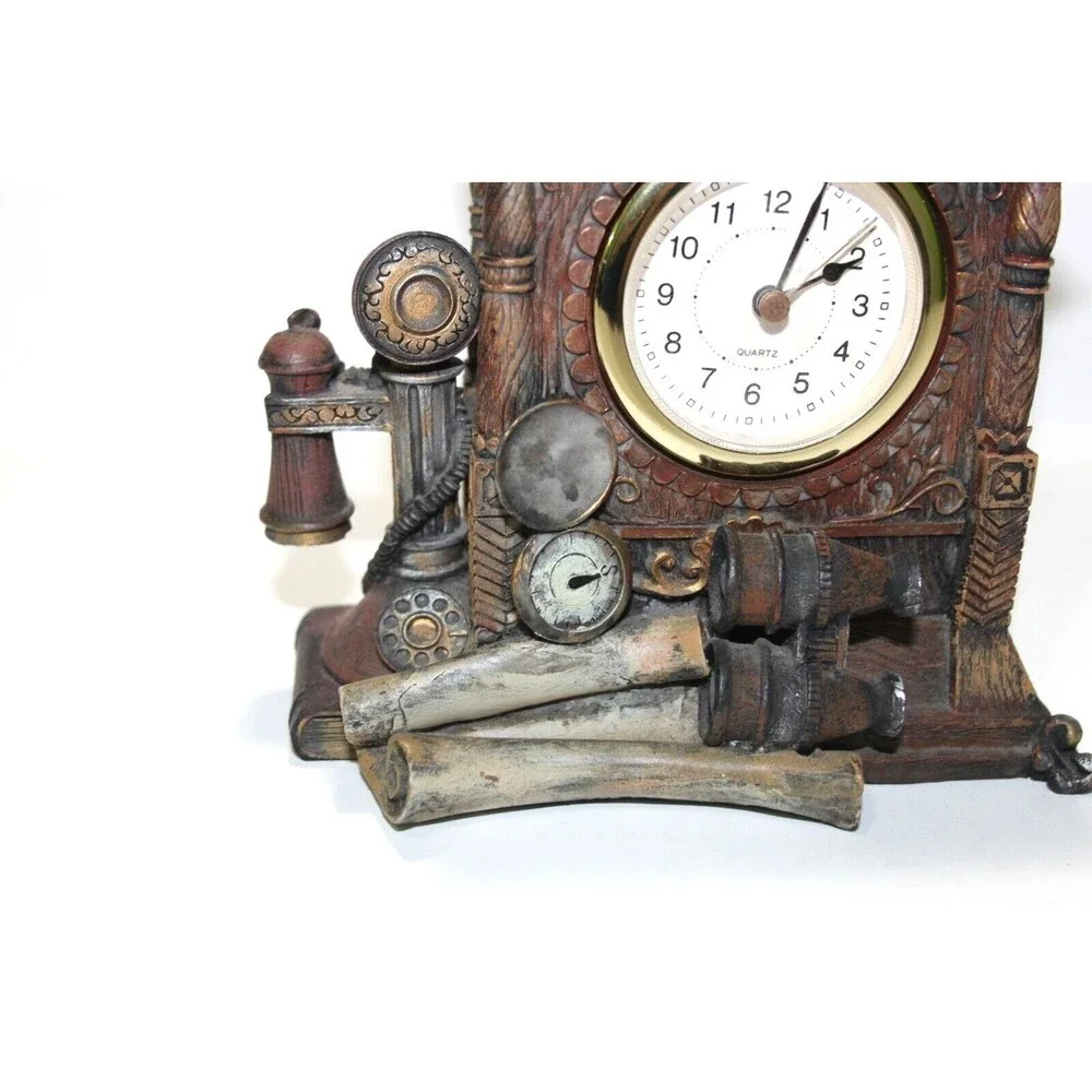 Vintage Antique Looking Mantle Clock Battery Powered Crown Binoculars Compass 7